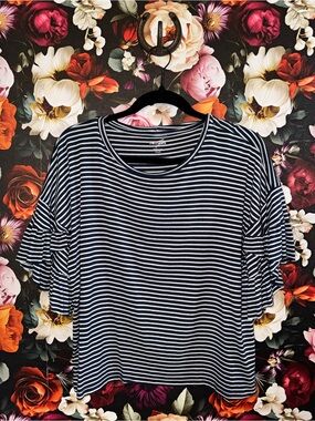 Alya Women’s Navy & White Striped Ruffle Sleeve Top, Small